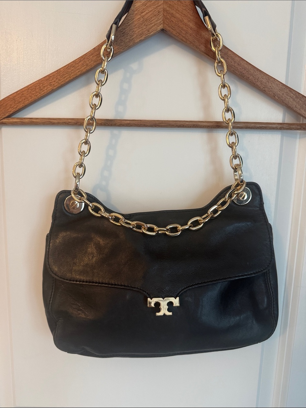 Tory Burch Black Leather Shoulder Megan Mini Bag with Gold Chain Strap